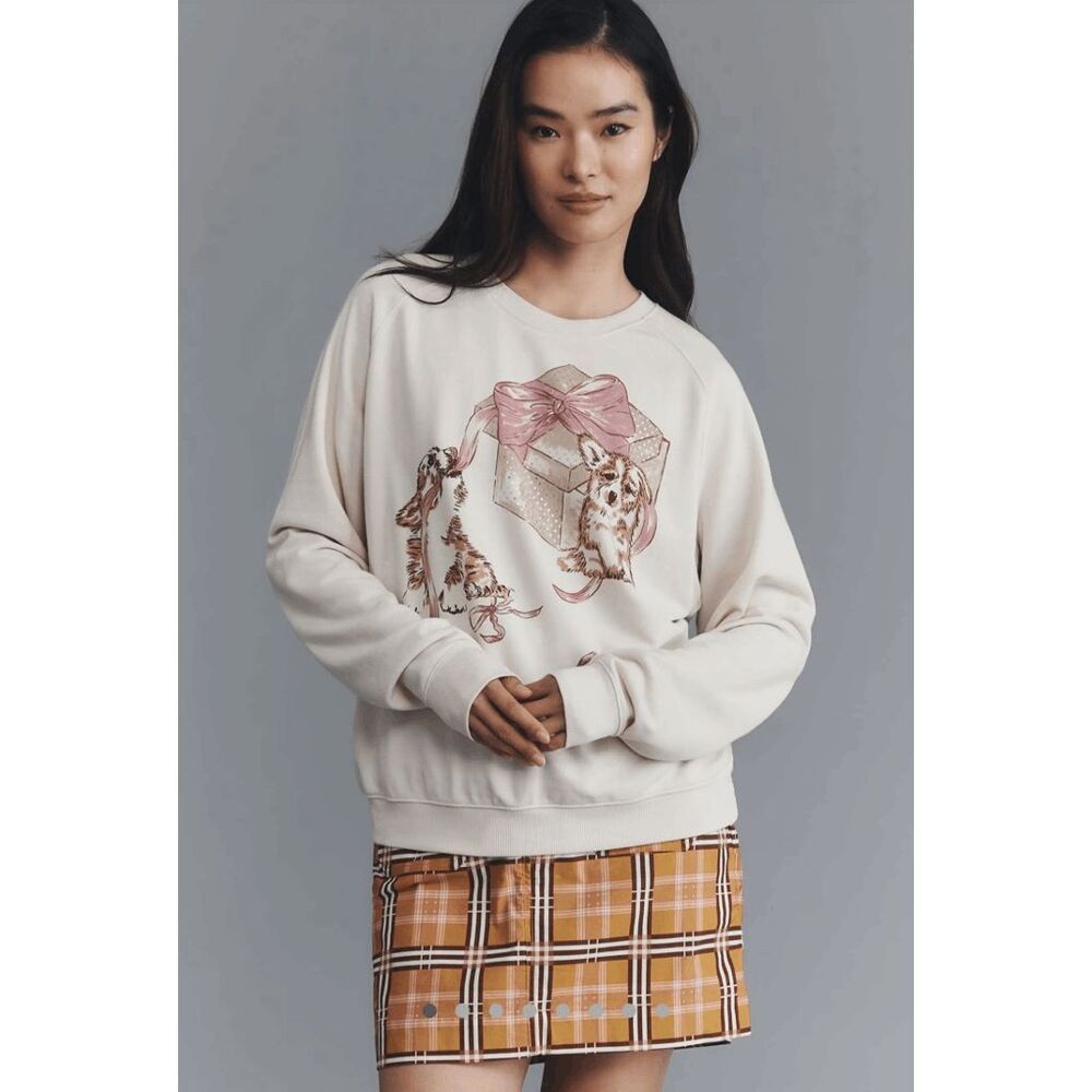 Anthropologie Maeve Crew Neck Animal Friends Corgi Graphic Sweatshirt Cream XS N